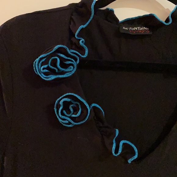 LUC FONTAINE Designer Black Dress!!! Turquoise Roses & Trim!!! - Picture 2 of 11